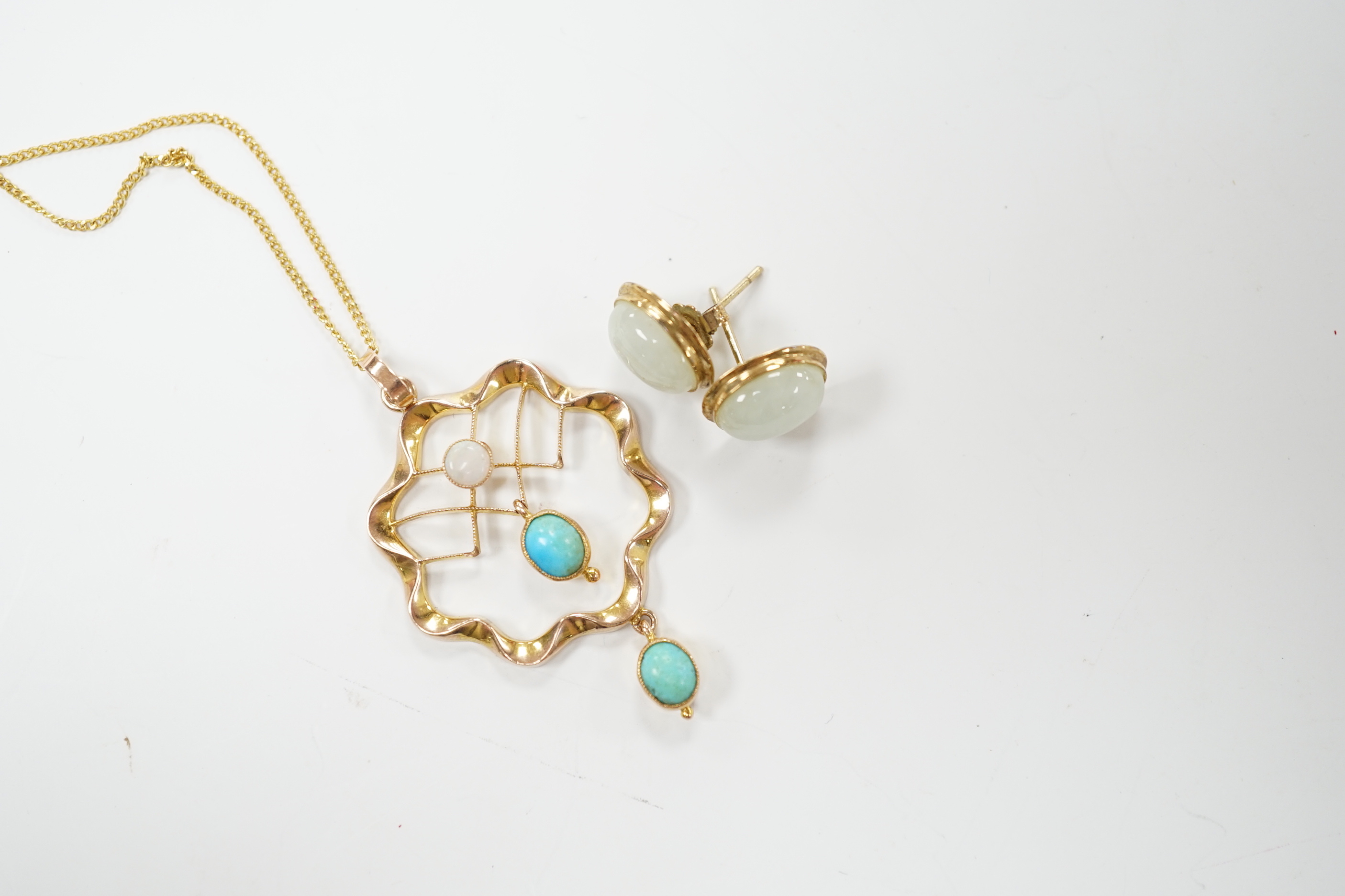 An Edwardian yellow metal, turquoise and white opal set drop pendant, 40mm, on a later 9ct gold fine link chain, 46cm and a pair of 9k and cabochon jade set ear studs, one butterfly missing.